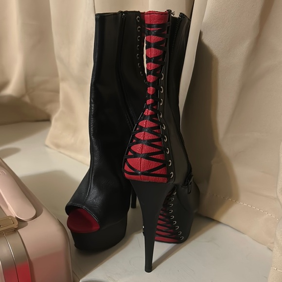 Pleaser Shoes - Pleaser Platform Black and Red Heeled Boots with Lace-Up Design